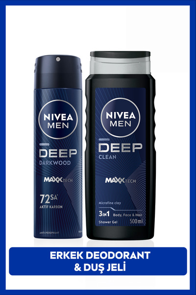 NIVEA MEN Erkek Sprey Deodorant Deep Darkwood 150ml ve Deep Clean Duş Jeli 50...