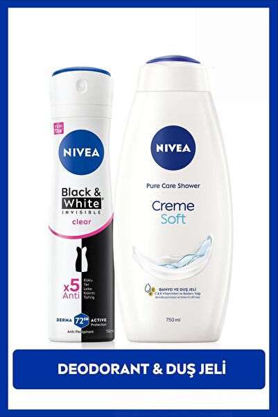 NIVEA Kadın Sprey Deodorant Black&White Invisible Clear 150ml ve Creme Soft D...