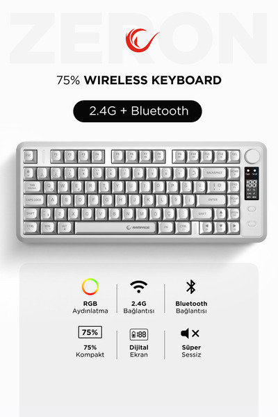 Rampage RM-K87 Zeron Beyaz Kablosuz RGB Oyuncu Klavyesi 2.4G + Bluetooth 75% ...