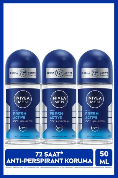 NIVEA MEN Erkek Roll-on Deodorant Fresh Active 50ml, 48 Saat Koruma, X3 Adet