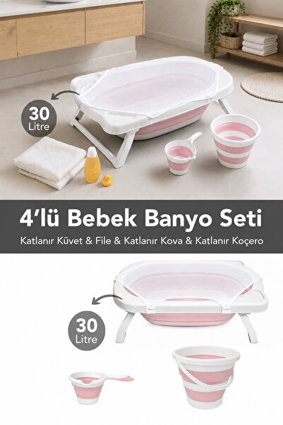Meleni Baby 4'lü Katlanır Bebek Banyo Seti - Katlanabilir Bebek Küveti Su Kov...