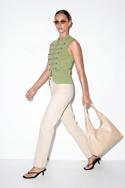 Drop by TrendyolMilla Ecru uski kroj, visoka struka, srednje visine, lycra de...