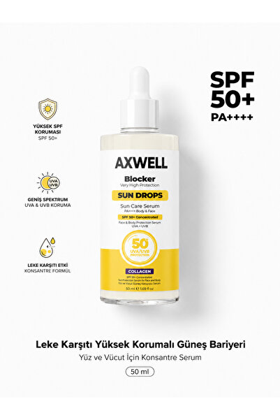 AXWELL Blocker SPF 50+ Suya Dayanıklı Yüksek UVB+UVA Korumalı Kolajen İçerikl...