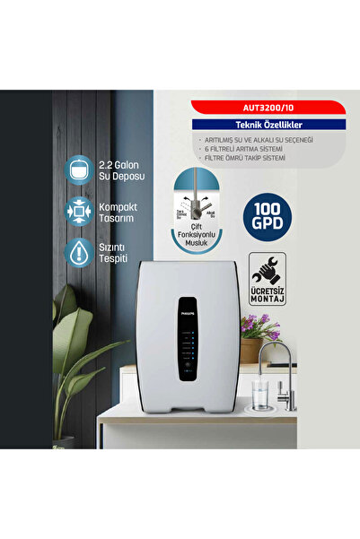 Philips Dijital Ekran Pompalı Su Arıtma Cihazı Aut3200/10 (100 GPD)