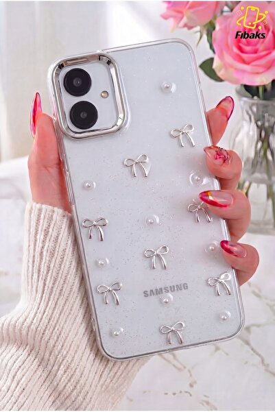 Fibaks Galaxy A06 Kılıf Fiyonk Desenli Şeffaf Simli Gümüş Kamera Çıkıntılı Pa...