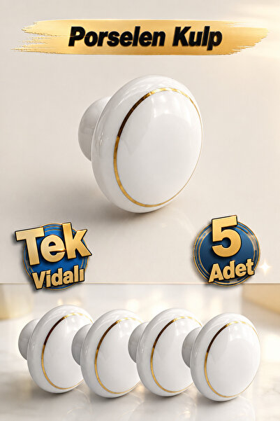 Badem10 (5 Adet) Vintage Porselen Yuvarlak Beyaz Kulpları Mobilya Mutfak Çekm...