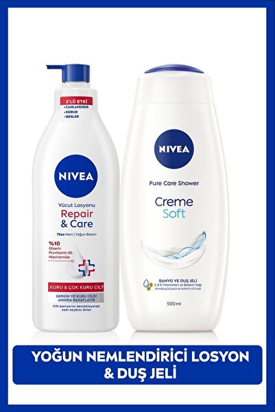 NIVEA Creme Soft Duş Jeli 500ml ve Repair Care Nemlendirici Vücut Losyonu 400...