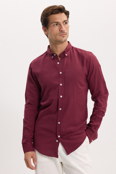 Tudors Erkek Slim Fit Dar Kesim %100 Pamuk Düğmeli Yaka Flam Keten Bordo Gömlek
