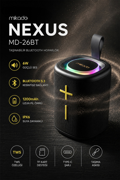 Mikado Md-26bt Nexus Siyah 6w 1200mah Usb-tf-tws-ıpx6 Bluetooth Hoparlör