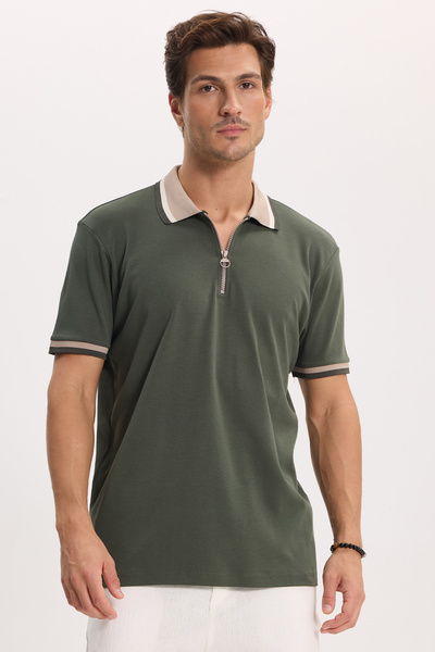 Tudors Erkek Slim Fit Dar Kesim %100 Pamuk Kısa Kollu Yarım Fermuarlı Yeşil P...