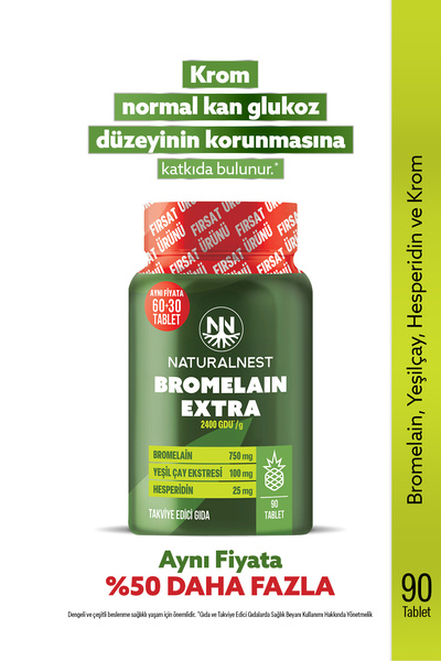 Naturalnest Bromelain Extra 90 Tablet- Bromelaini Hesperidin, Yeşilçay ve Krom