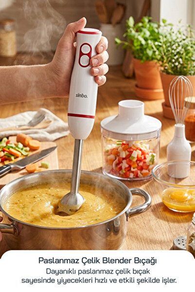 Sinbo SHB 7530 3’ü 1 Arada El Blender Seti, Çırpıcı, 700 ml Doğrayıcı Hazne ve Çelik Blender - Kırmızı