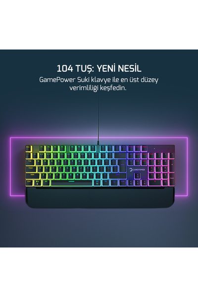 GamePower Suki Mekanik Manyetik Bilek Destekli Mavi Switch Türkçe Q 104 Tuş USB Gaming Klavye