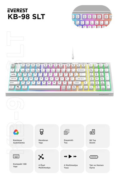 Everest KB-98 Sessiz Rainbow Q Türkçe Klavye Membrane Oyuncu Klavyesi Gaming Klavye