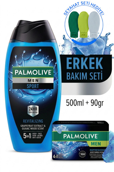 Palmolive Sport Erkek Duş Jeli 500 ml, Naturals Erkek Sabun 90 GR + Seyahat K...