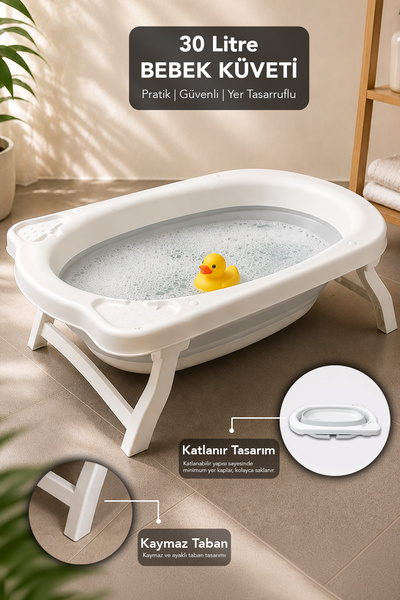 Meleni Baby Katlanır Bebek Küveti - Akordiyon Çocuk Banyo Küveti Gri