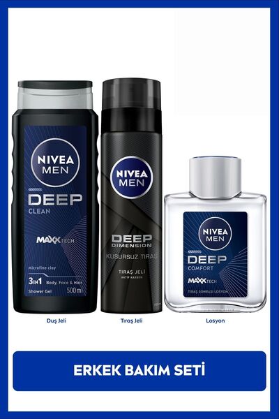 NIVEA MEN Erkek Deep Dimension Duş Jeli 500ml, Tıraş Jeli 200ml ve Tıraş Sonr...