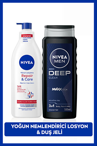 NIVEA MEN Erkek Deep Clean Duş Jeli 500ml ve Repair Care Nemlendirici Vücut B...