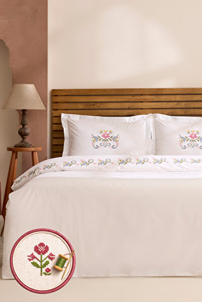Karaca Home Ottalia 100% Cotton Cross-Stitch Embroidered Double Duvet Cover S...
