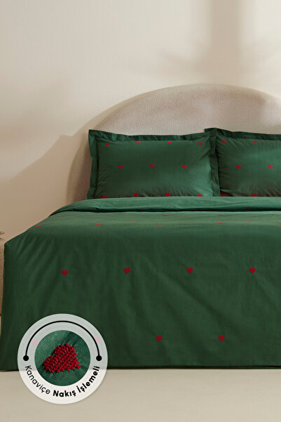Karaca Home Amour Mio bumbac 100% set de lenjerie de pat dublu brodat verde î...