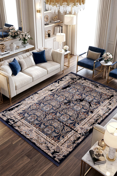 Koza Halı Koza Hayad Nostalgia Lacivert Halı Kilim Salon Oturma Odası Yatak O...