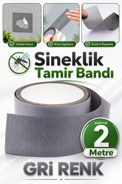 Badem10 (GRİ) 48 Mm X 2 Metre Yapışkanlı Sineklik Tülü Yaması Tamir Bandı Yırtık Kopmuş Delik Tül Yapıştırma