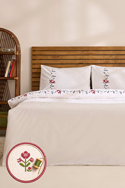 Karaca Home Miretta 100% Cotton Cross-Stitch Embroidered Double Duvet Cover S...