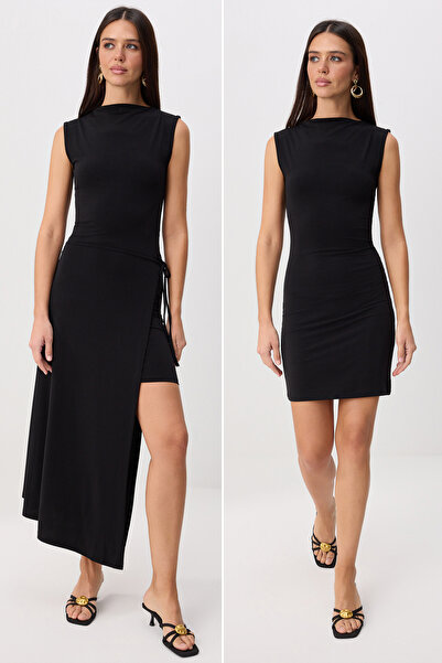 Trendyol Collection Rochie neagră, dreaptă, în formă de A, cu guler înalt, fă...