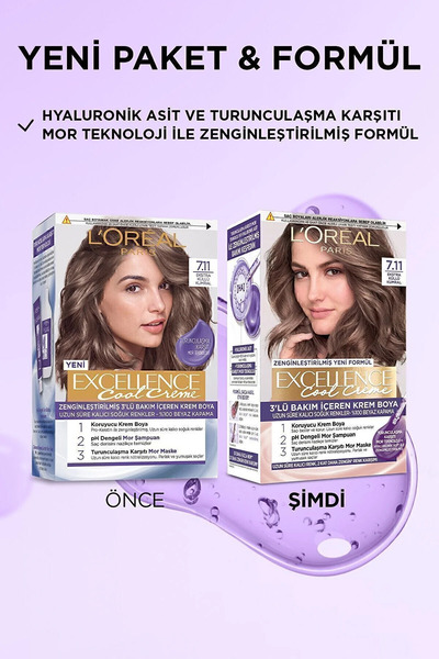 L'Oreal Paris Excellence Cool Creme Saç Boyası – 7.11 Ekstra Küllü Kumral 2'li Set