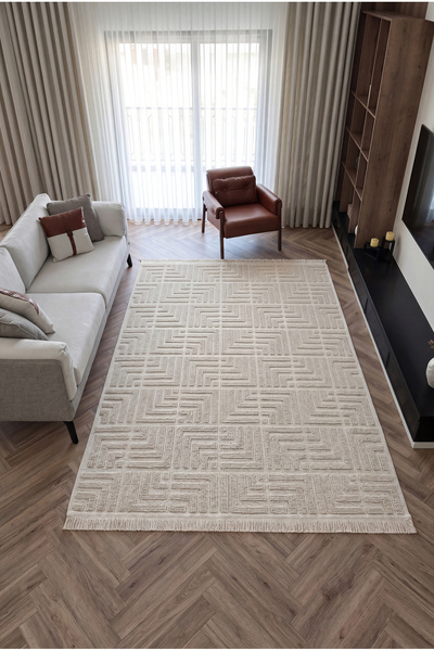 Cool Halı Mirage Bej 200x300 6 Metrekare Büyük Geometrik Bukle Dokuma Kaymaz ...