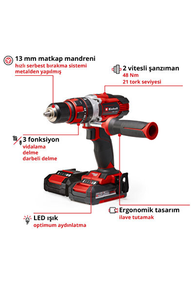 Einhell Darbeli Vidalama TE-CD 18/48 Li-i Kit (18 V, 48 Nm, 2x2.0 Ah) - 4513935