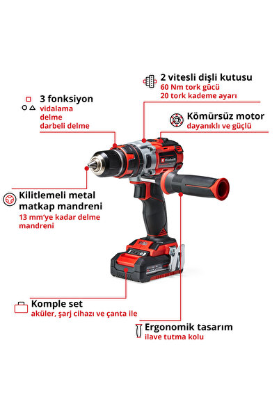 Einhell Akülü Darbeli Vidalama TP-CD 18 Li-i BL Kit (18 V, Kömürsüz, 2x2.0 Ah) - 4513861