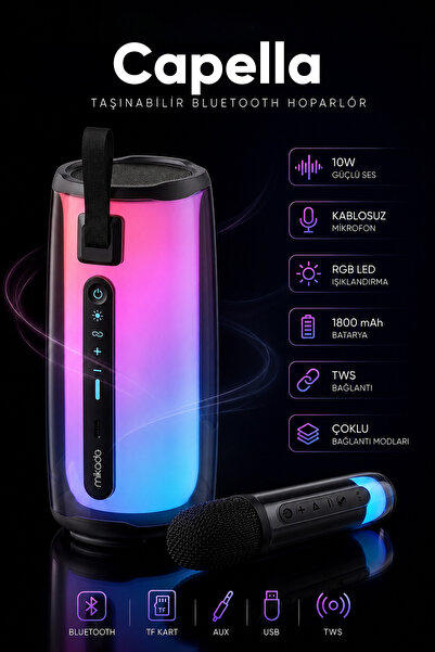 Mikado MD-17BT Capella Siyah 10W 1 RGB Mikrofonlu Transparan/Bt/TF Kart/Aux/U...