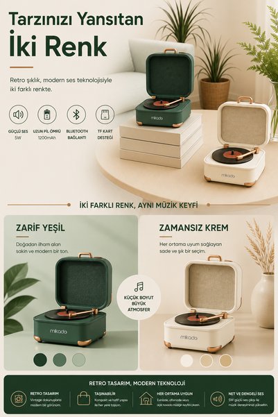 Mikado Bluetooth Hoparlör Retro Nostalgia Tasarım Taşınabilir Müzik Kutusu 5W 1200mAh Yeşil TFKart Destekli