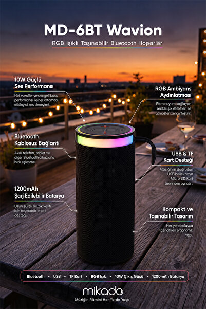 Mikado MD-6BT Wavion Siyah 10W 1200mAh BT/TF/USB/RGB Işıklı Speaker Hoparlör