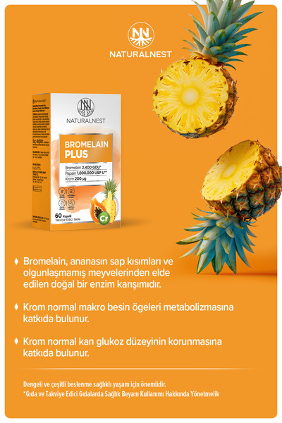 Naturalnest Bromelain Plus 500 mg 60 Kapsül- Bromelain, Papain, Krom