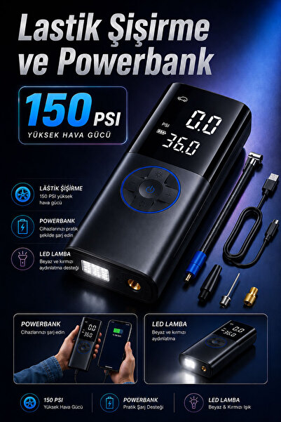 Badem10 Şarjlı Taşınabilir PowerBank Lastik Hava Şişirme Cihazı 150 PSI Araba...