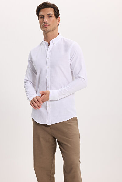 Tudors Herren Slim Fit Slim Fit Buttoned Collar 100% Baumwolle Leinen Look We...
