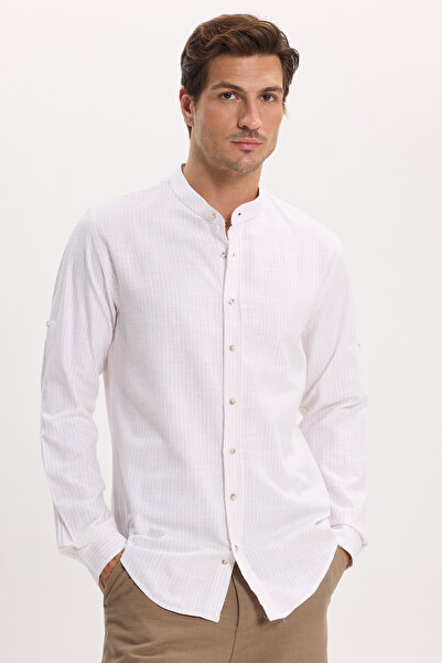 Tudors Erkek Slim Fit Dar Kesim Uzun Kollu %100 Pamuk Keten Doku Çizgili Haki...