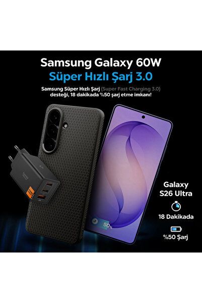 Spigen 67W USB-C + USB-A 3 Port Hızlı Şarj Aleti PPS 3.0 Desteği GaN Pro Destekli Type-C Black - ACH09458