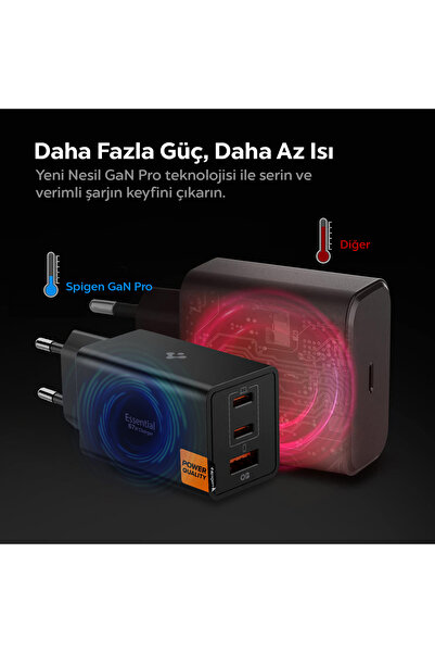 Spigen 67W USB-C + USB-A 3 Port Hızlı Şarj Aleti PPS 3.0 Desteği GaN Pro Destekli Type-C Black - ACH09458