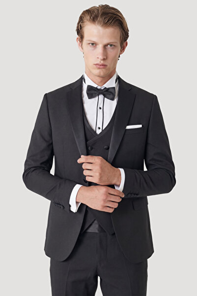 ALTINYILDIZ CLASSICS Erkek Siyah Slim Fit Dar Kesim Mono Yaka Desenli Yelekli...