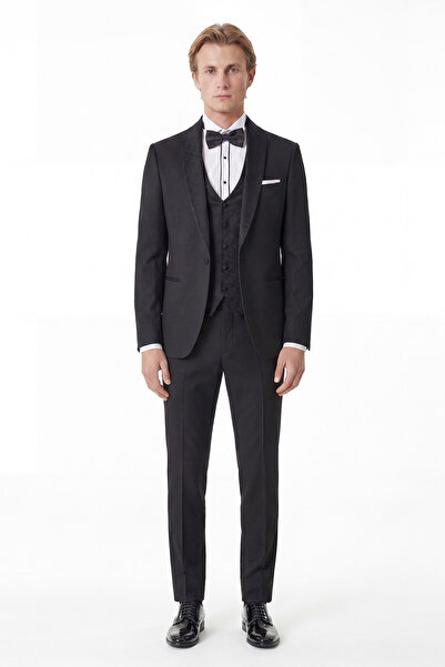 ALTINYILDIZ CLASSICS Erkek Siyah Ekstra Slim Fit Dar Kesim Kırlangıç Yaka Des...