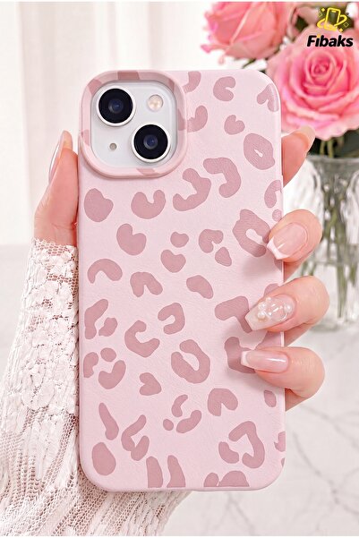 Fibaks iPhone 13/14/15 Kılıf Pembe Leopar Desenli Esnek İnce Yumuşak Silikon
