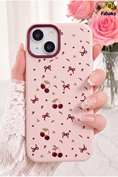 Fibaks iPhone 13/14/15 Kılıf Renkli Kamera Çıkıntılı Kiraz Fiyonk Desenli Silikon Koruyucu Kapak