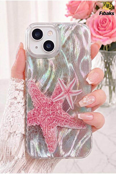 Fibaks iPhone 13/14/15 Kılıf Hologramlı Pembe Deniz Yıldızı Desenli Darbe Emici Kamera Korumalı Silikon