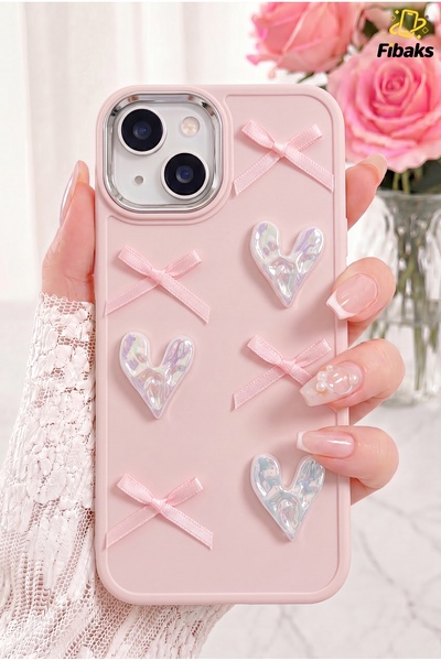 Fibaks iPhone 13/14/15 Kılıf Kamera Çıkıntılı Kalpli Fiyonk Desenli Pembe Yum...