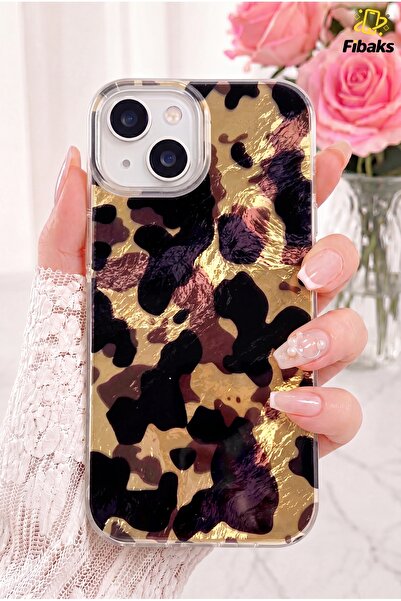 Fibaks iPhone 13/14/15 Kılıf Hologramlı Kamuflaj Leopar Desenli Darbe Emici K...