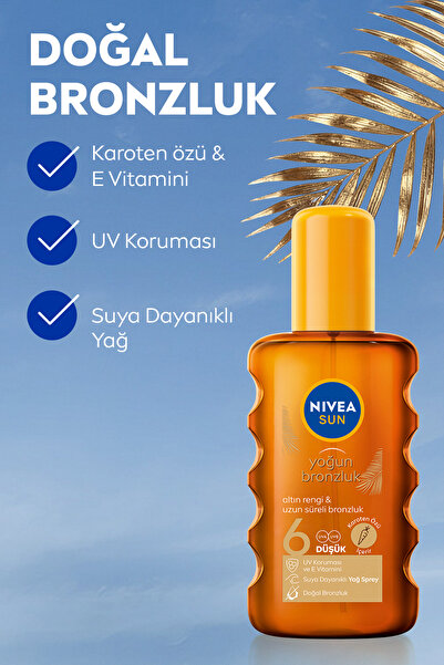 NIVEA SUN SPF6 Bronzlaştırıcı Güneş Yağı 200 ml,Altın Rengi ve Parıltılı,Suya Dayanıklı,E Vitamini,Karoten