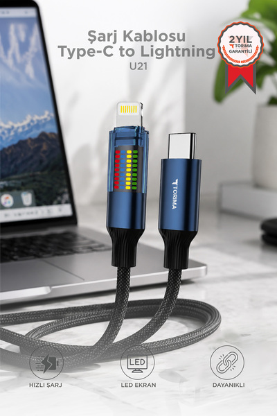 Torima Şarj Kablosu Type-C to Lightning Led Ekranlı Hızlı 27W Örgü Data Kablo...